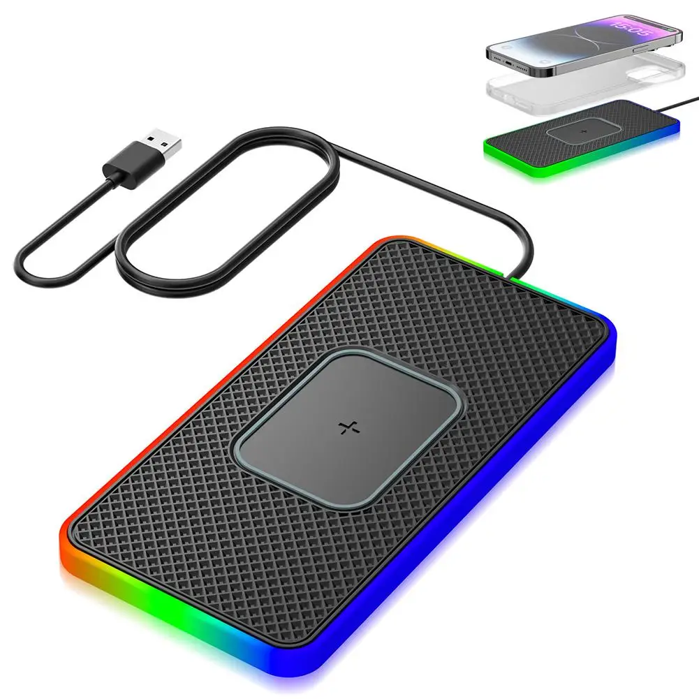 

Car Wireless Charger 15W Fast Charging Pad Anti-skid LED Atmosphere with Fast Light Charging Holder Pad Slip Station Mat No Y9Y8