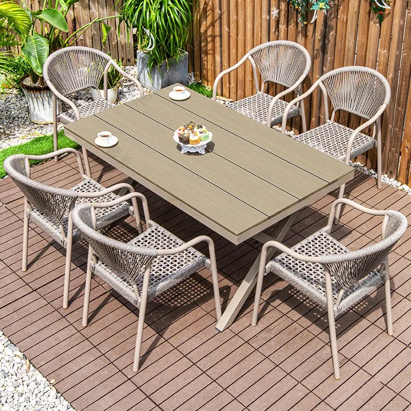 Outdoor courtyard plastic wood tables and chairs wrought iron outdoor preservative wood garden coffee table leisure rattan chair