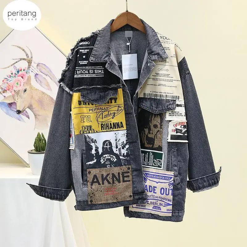 

Patch Designs Denim Coat Woman 2024 Asymmetric Denim Coat Autumn Winter Print Streetwear Jacket Black