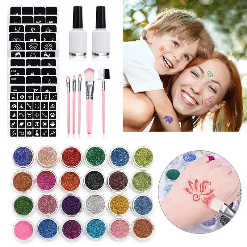 Creative Temporary Body Glitter Tattoo Kit for Kids Temporary Tattoos for Girls Glitter Art Tattoo Stencils Glitter Powder