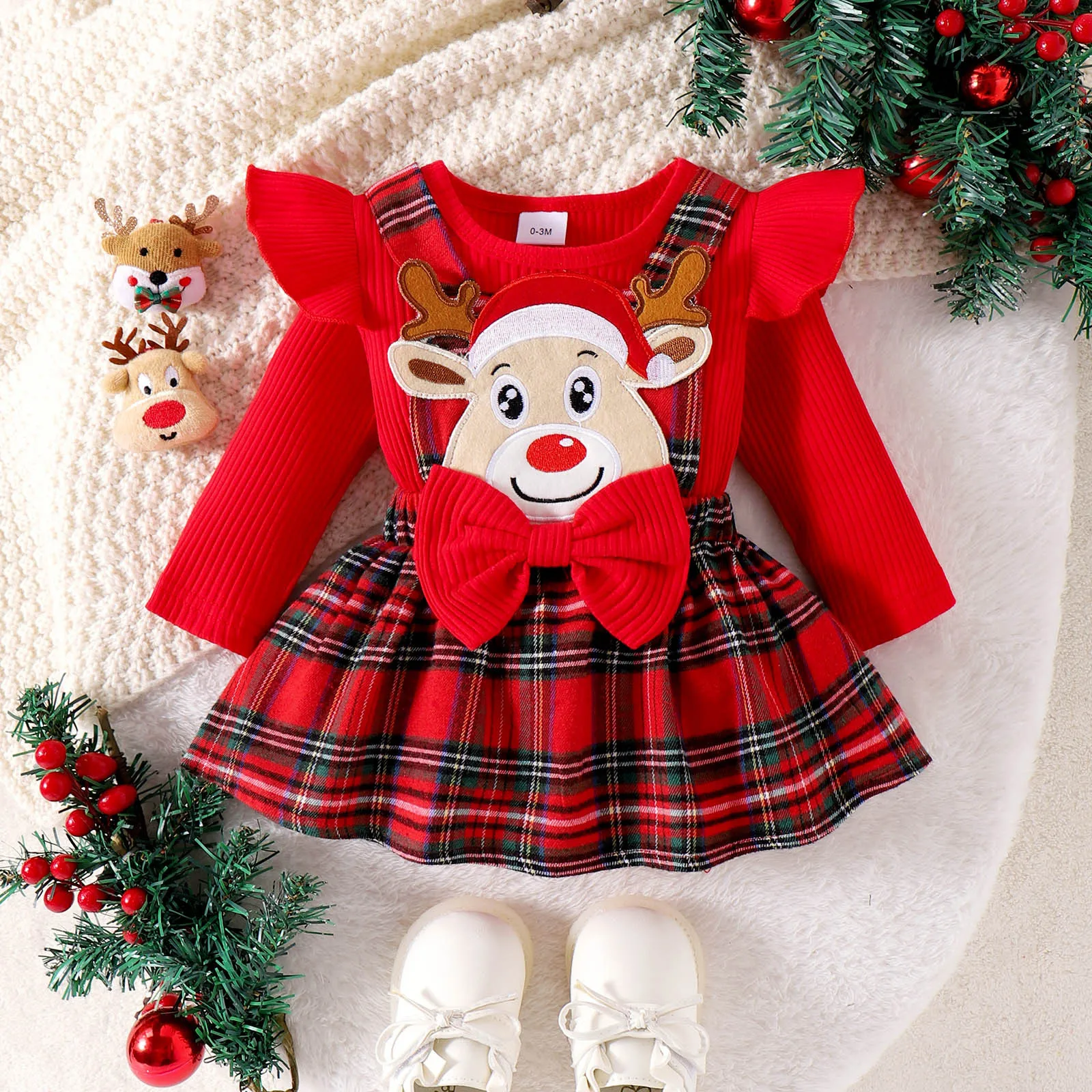 Winter Christmas Newborn Baby Girls Rompers Deer Embroidery Plaid Print Long Sleeve Crew Neck Ruffles Jumpsuits Xmas Gift Outfis