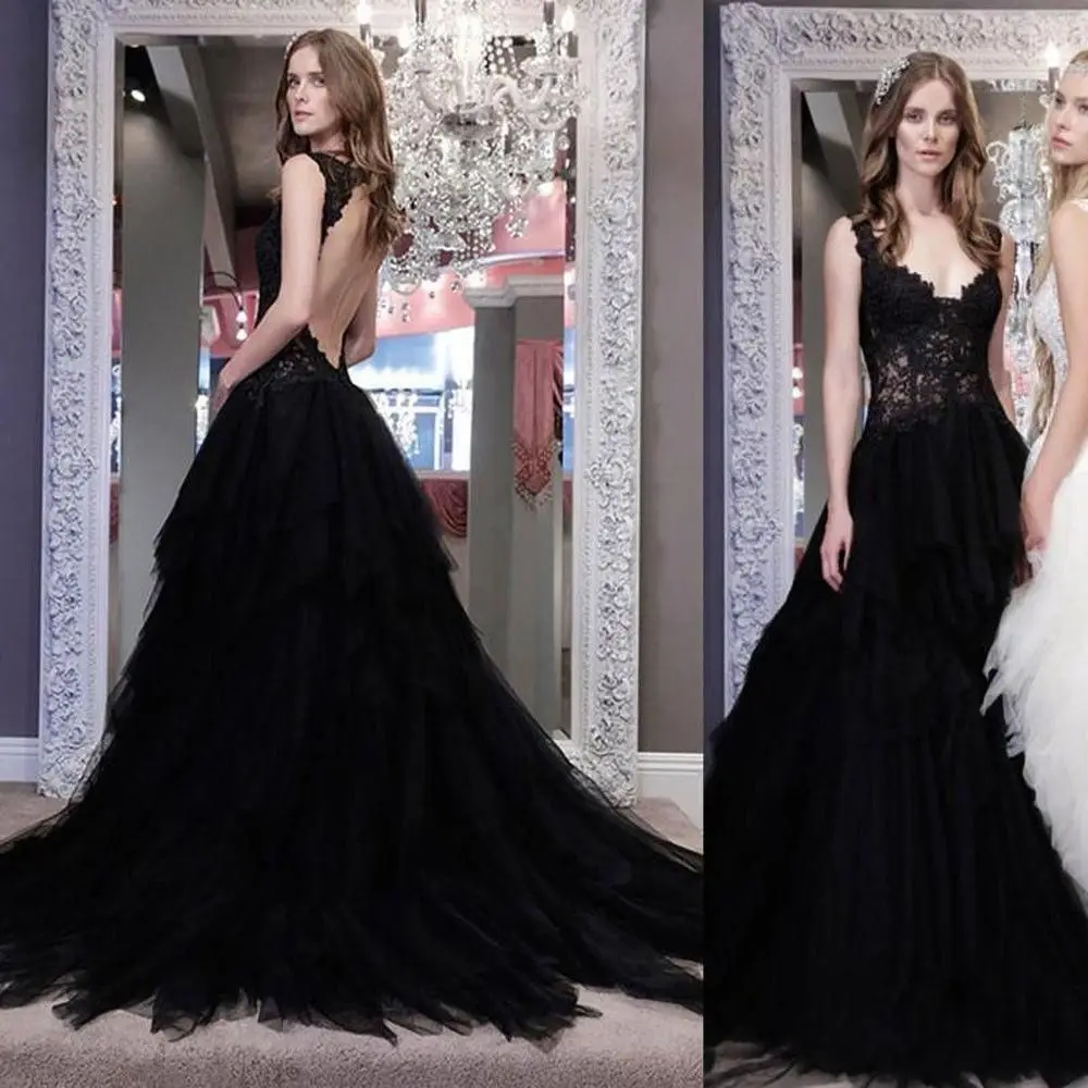 Sexy Backless Black Wedding Dresses 2023 Vintage V-neck Tiered Tulle Long Bridal Gowns Sleeveless Gothic Vestidos De Novia