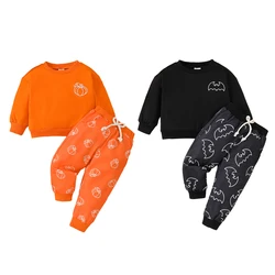 2024-06-13 Lioraitiin Little Boys Halloween Sets Long Sleeve Round Neck Pumpkin/Bat Print Tops Pants Sets