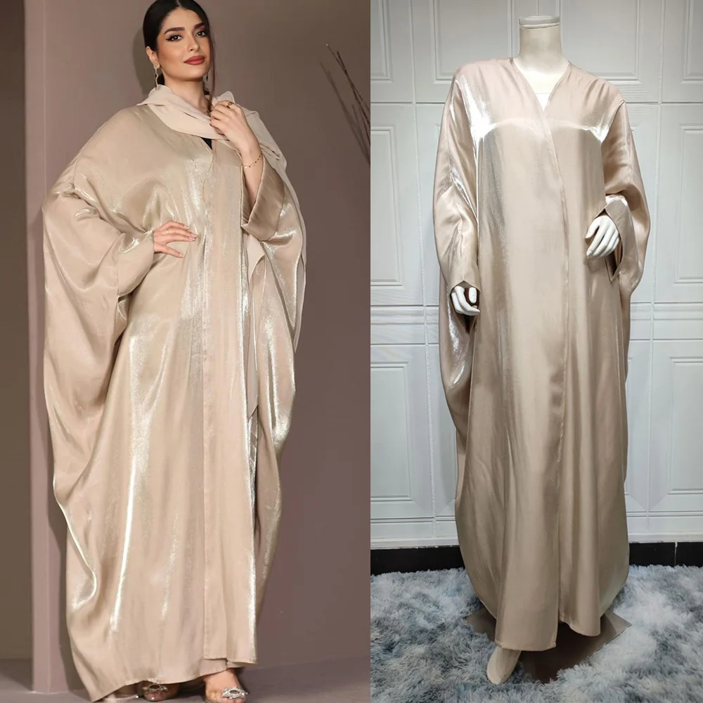 

Shiny Satin Open Abaya Women Batwing Sleeve Ramadan Muslim Long Dress Kimono Gulf Outwear Cardigan Islam Turkish Modest Abayas