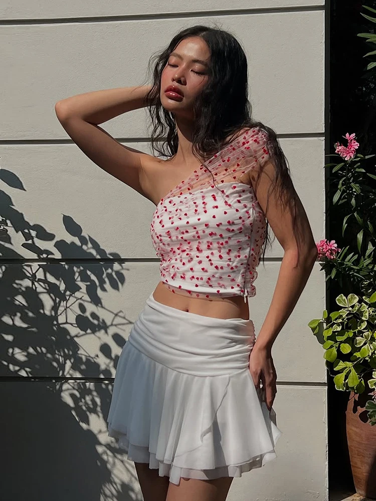 

Weird Puss Sweet Folds 2-Piece Set Love Print Patchwork Single Shoulder Tank Tops+Multilayer Mesh Skirts Slim Matching Clubwear