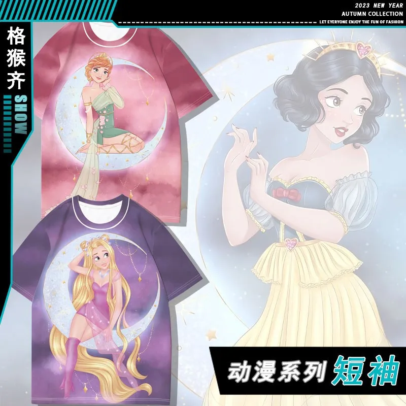 

Disney Princess On The Run Co-branded T-shirt Girl Short Sleeve Cartoon Print Loose Half Sleeve Top With Clothes