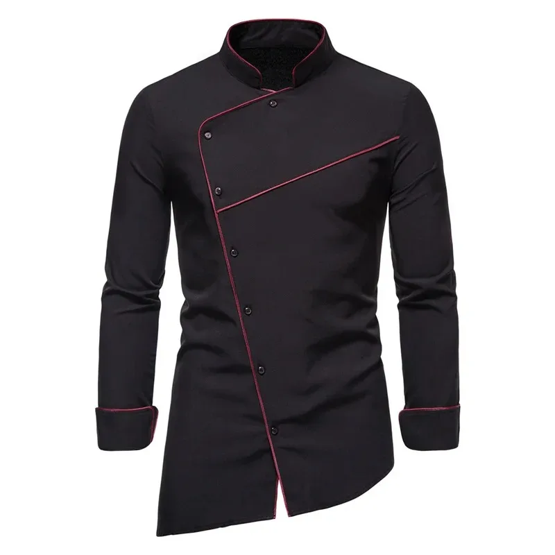 Men's Irregular Long Sleeved Shirt Solid Color Diagonal Buckle Business Fashion Standing Neck Diagonal Front Shirt