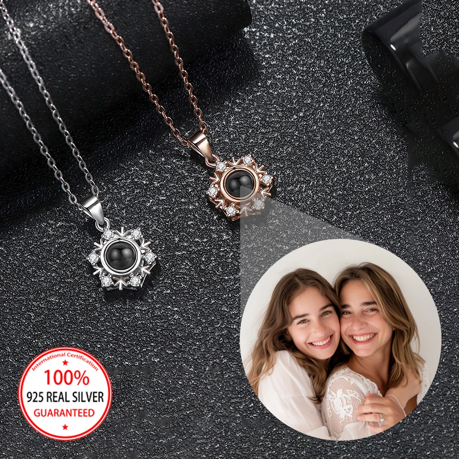 

925 Sterling Silver Custom Color Photo Projection Snowflake Pendant Necklace Fashion Valentine's Day Gift For Girlfriend Wedding