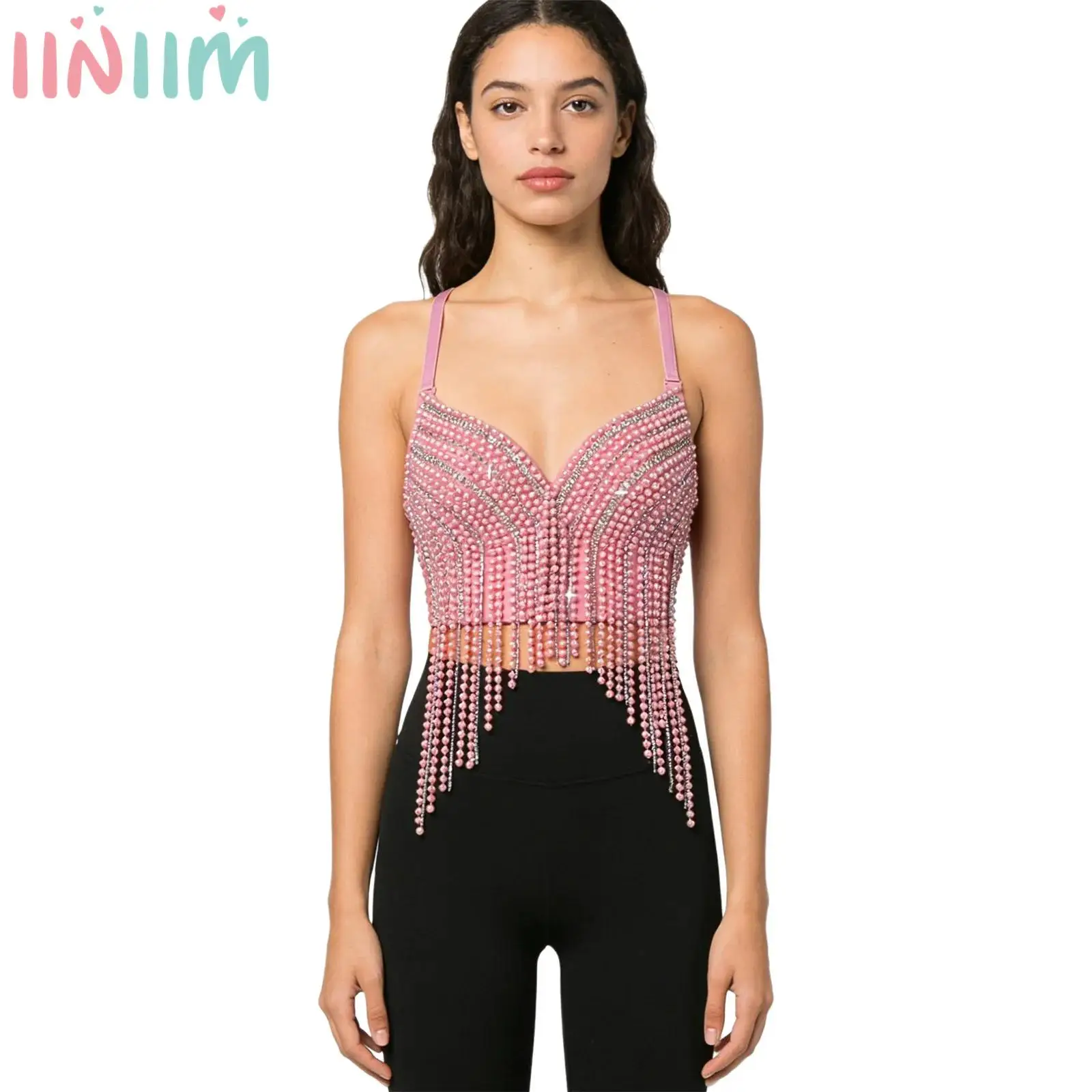 

Women Tassel Bustier Vest Push-up Underwire Bra Plastic Beads and Rhinestones Tassel Crop Tank Tops Music Festival Wear