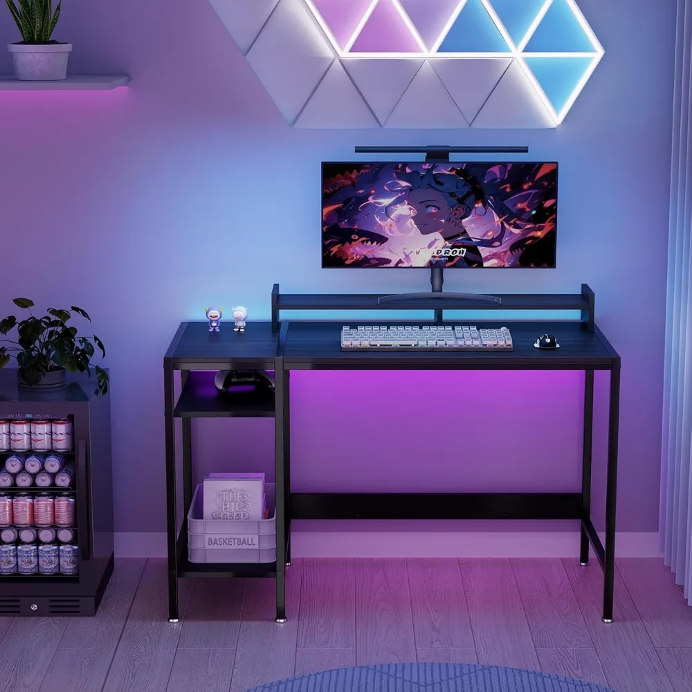 مكتب ألعاب ومنزلي للشاشات المزدوجة، مكتب كمبيوتر أسود مقاس 47 بوصة مع مساحة تخزين وحامل شاشة قابل للتعديل #6