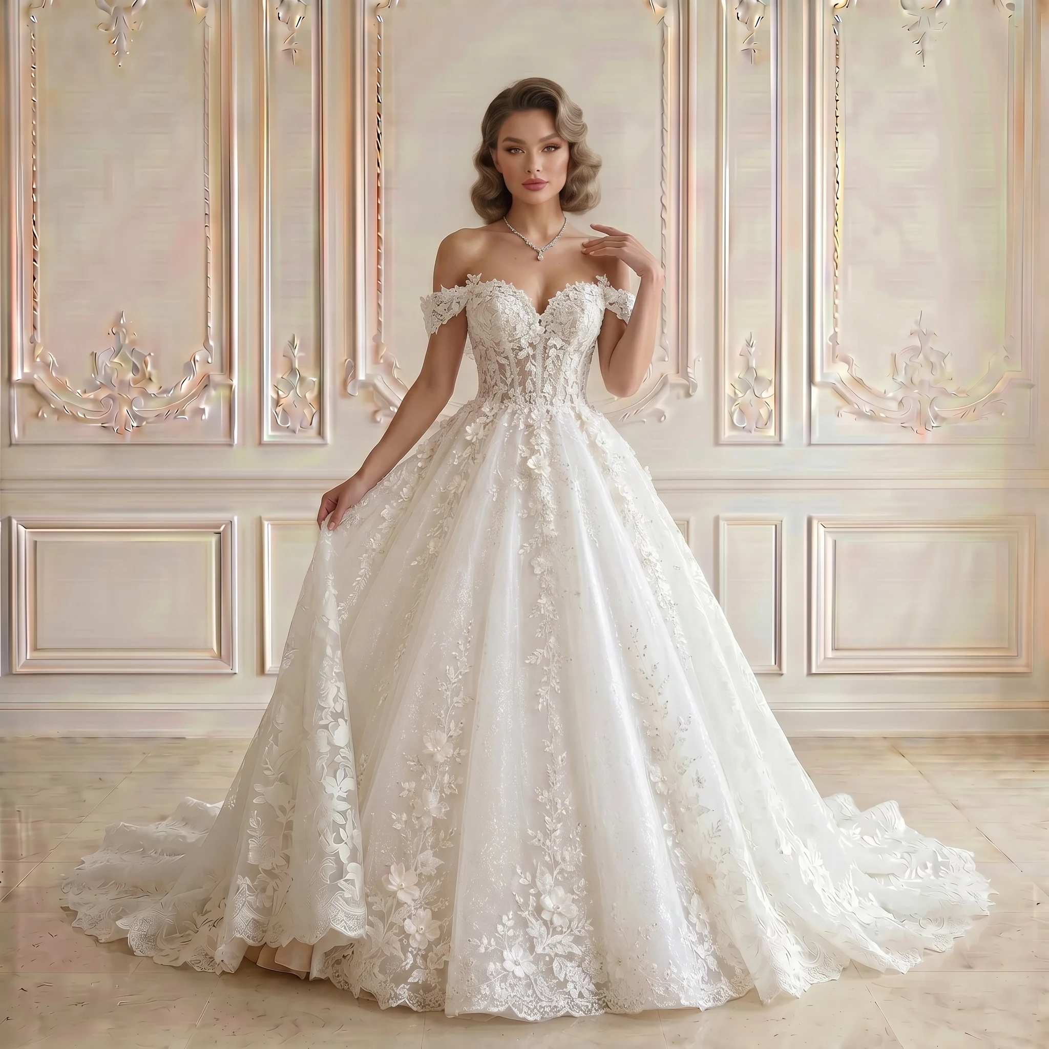 Off Shoulder Sweetheart Ball Gown Wedding Dress 3D Floral Lace Glitter Tulle Corset Back Scalloped Chapel Train Bridal Gown