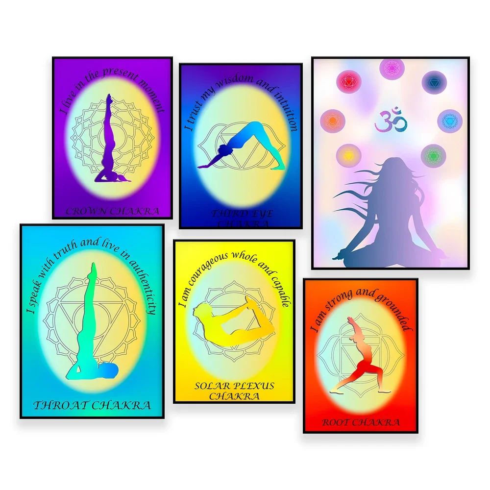 Gradient Chakra Energy Healing Affirm Print Art,Chakra Symbol Aura Poster,Yoga Pose Wall Art Gicle,Quantum Spiritual Affiche