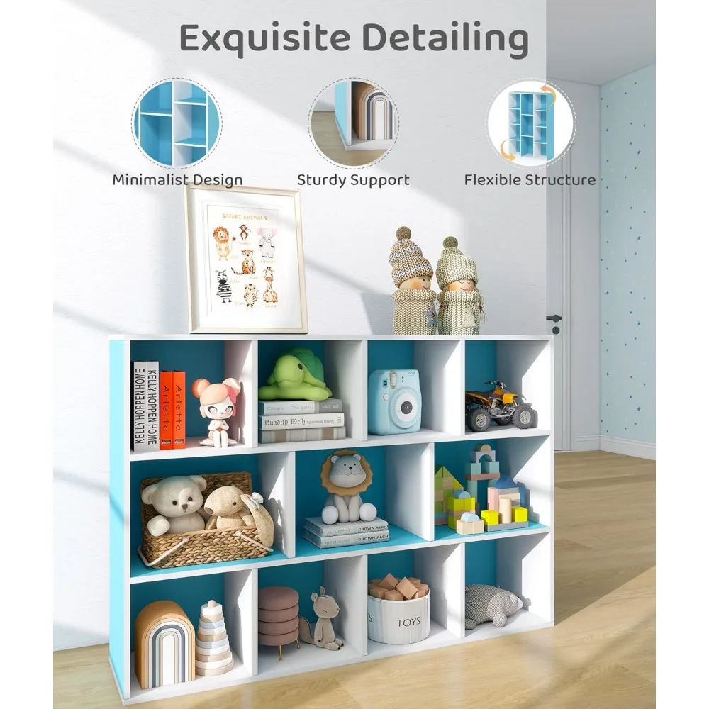 거실, 교실, 놀이방 공간에 적합한 블루 색상의 컴팩트한 11칸 어린이 책장 정리함