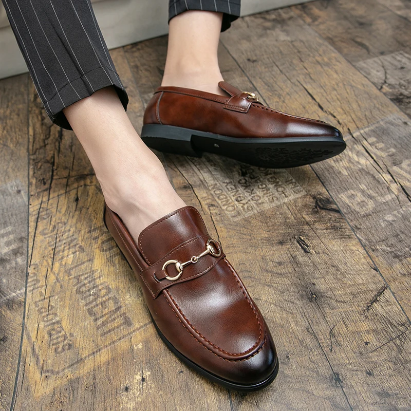 Men Luxury Fashion Lefu Shoes Brown British Fashion Metal Buckle One Step Outdoor Comfortable Business Dress Shoes Men Shoes