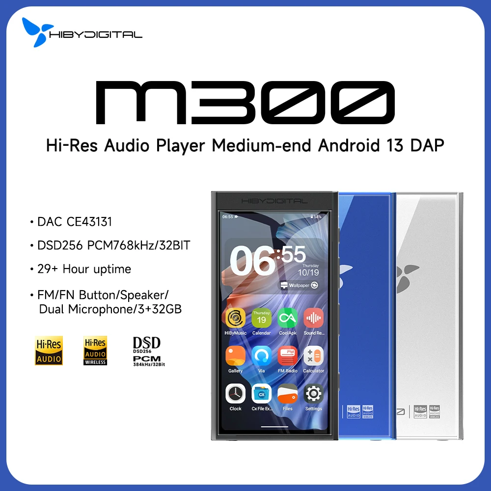 נגן מוזיקה HiBy Digital M300 אנדרואיד 13, MP3, HiFi, אודיו, בלוטות', WiFi, USB, DAC, DSD, רדיו FM, מיקרופון כפול, רמקול מובנה, מסך IPS, 29 שעות סוללה