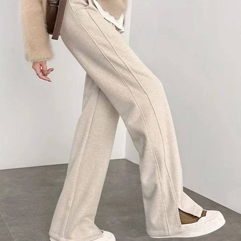 秋冬レディースヘリンボーンフリース裏地パンツカジュアル弾性ウエストストレートスリムフィットレギンスズボン男性服