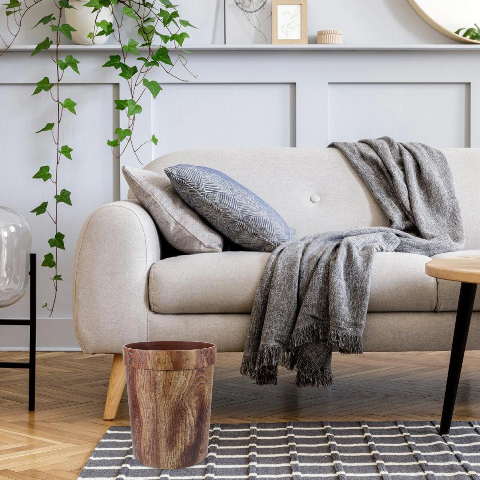 

1 шт., мусорный бак из массива дерева с отделкой в стиле ретро, пластиковый кухонный мусорный бак для ванной комнаты, гостиной, контейнер для хранения