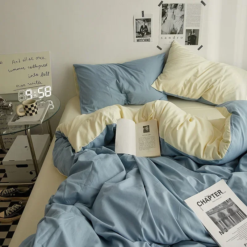 

High Quality Solid Color Double Washed Cotton Bedding 4 Pieces Set Student Dormitory Bed Linen Duvet Set Bed Suit