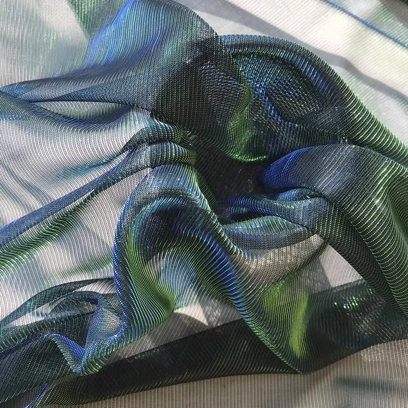 Bright Blue Green Dual Color Illusion Soft Mesh Fabric Light Transparent Color Changing DIY Material Fashion Designer Fabric