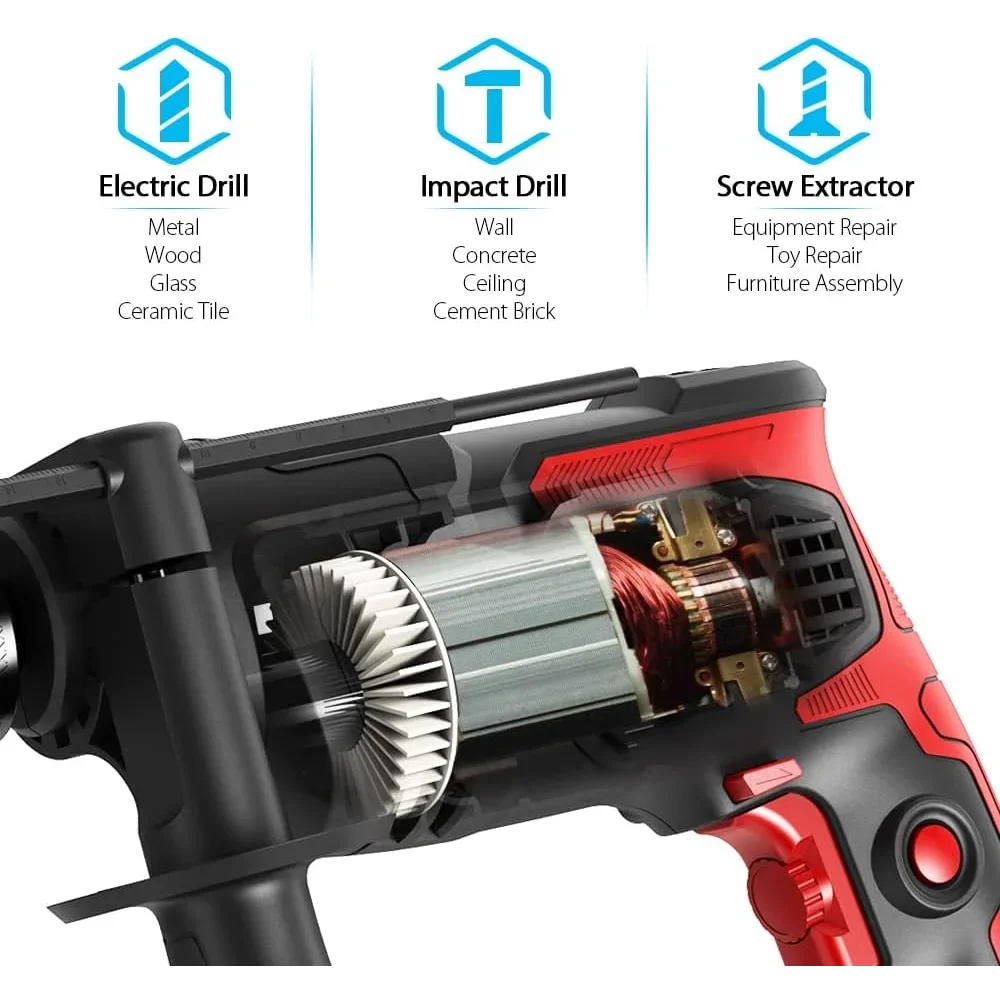 850W Impact Drill 1/2-Inch 7 Amp Corded Drill with Variable Speed 0-3000RPM，Two pieces of equipment