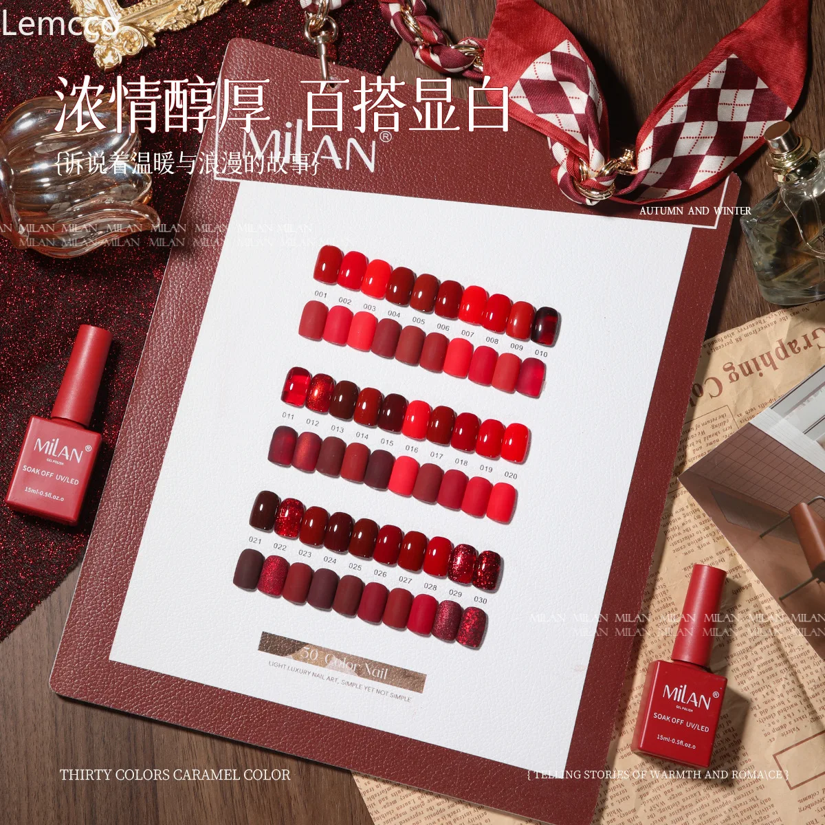 Milan Herbst Winter Halloween Rot 30-teiliges Gel-Nagellack-Set mit Karte für Nagelkunst Neujahr rotes Gel SemiPermanent UV-Gel 15 ml