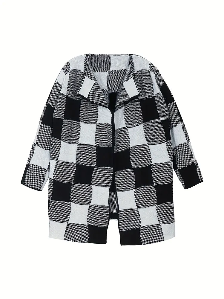 Классический клетчатый вязаный кардиган больших размеров, пальто, осень-зима, теплая свободная женская одежда, корейское универсальное пальто средней длины