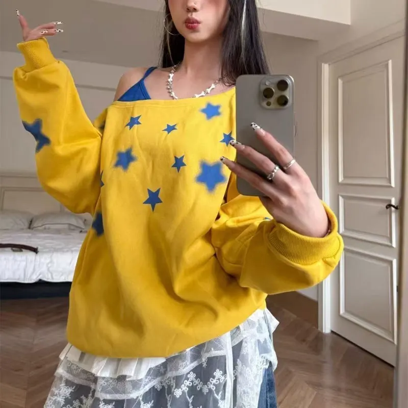 Stylish Off Shoulder Loose Sweatshirts Women's Clothing American Retro Star Spring Autumn Contrasting Colors Skew Collar Hoodies