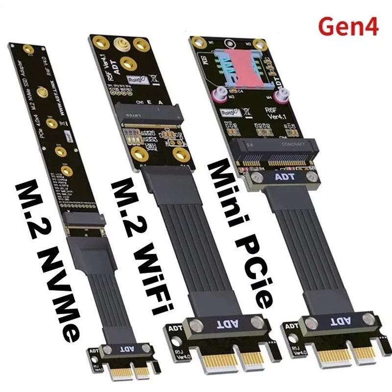 M.2 NVMe/M2 WiFi/Mini-PCIe SSD To PCIe 4.0 x1 Extension Cable Key-M/Key A.E/mPCIe Gen4 x1 Riser Ribbon Adapter R15JF R16JF R14JF