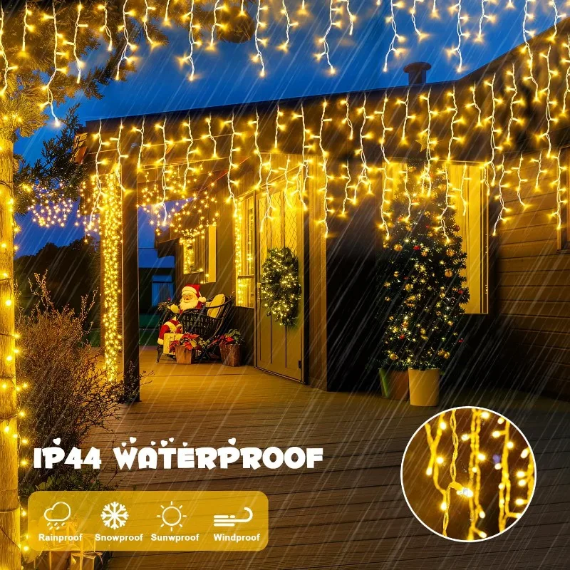 Luce a ghiacciolo a LED 8 modalità Luci a corda per tende da esterno per interni per decorazioni natalizie per feste in patio, case di nozze