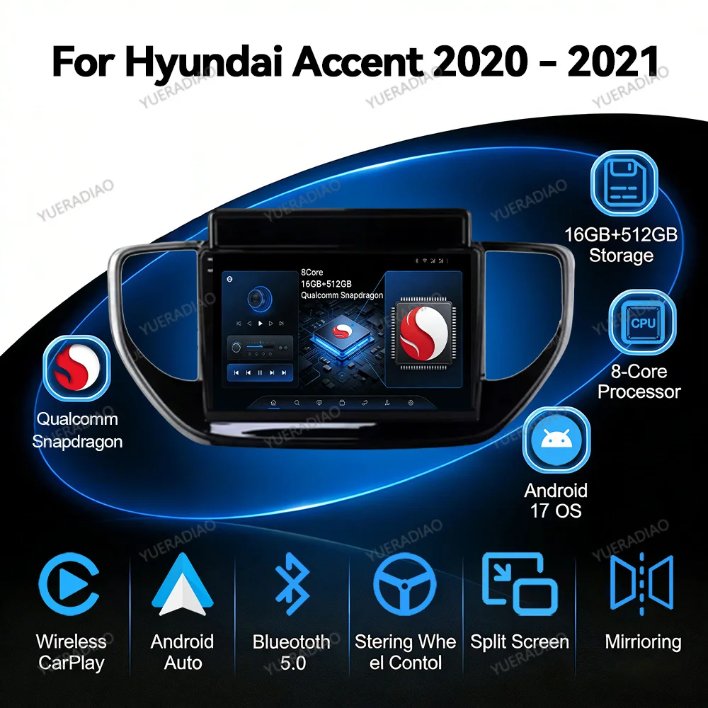 Android 17 Car Radio For Hyundai Solaris Accent 2 II 2020 - 2021 Head Unit Multimedia Video Player GPS NAVI QLED Qualcomm 2DIN