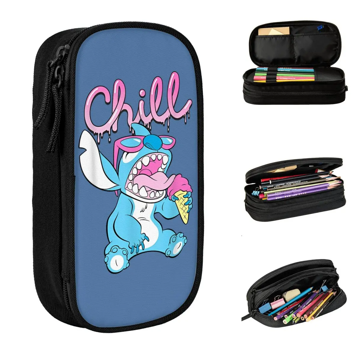 Lilo and stitch 네온 아이스크림 차가운 드립 연필 케이스, 귀여운 만화 연필 케이스, 펜꽂이 대형 보관 가방, 지퍼 문구