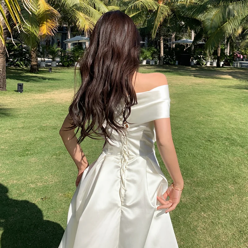 Französisch Satin schulter frei Geburtstag Abendkleid langes Kleid Abendkleid kann zu gewöhnlichen Zeiten Tube Top Bow Fairy Kleid getragen werden