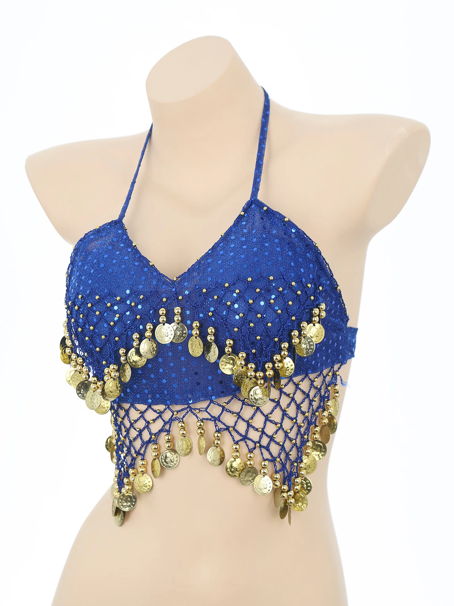 Women Dance Wear Nightclub Halter Bra Performance Top Show Costumes Sequin Mesh Plastic Beads Crisp Tassel Belly Dance Bra