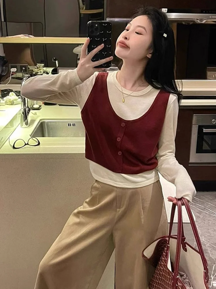 

Корейский вязаный топ для похудения, повседневная длинная све, модная удобная футболка для поездок на работу, прямой крой, обычная футболка