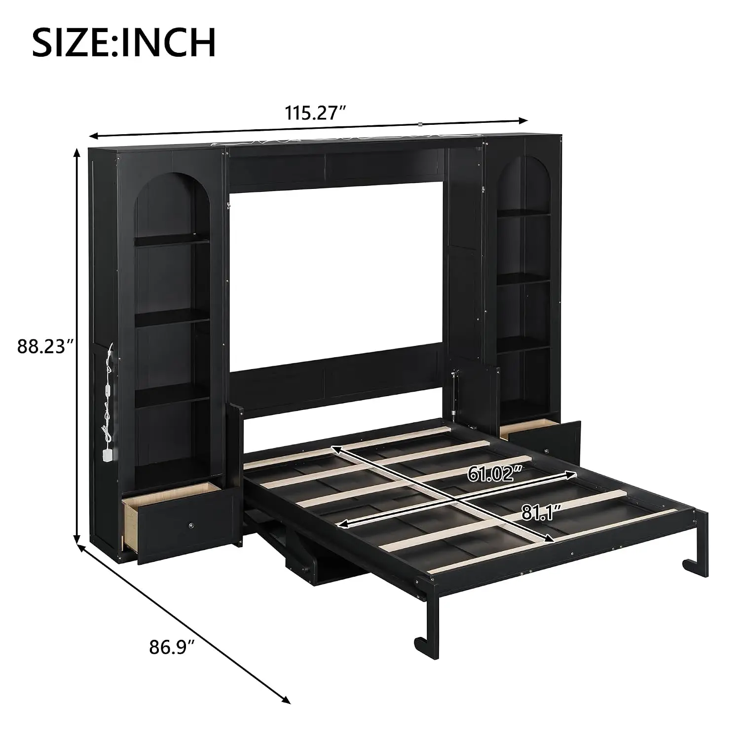 Murphy Bed Queen Size Platform Bed with Side Cabinets,Black - view 2