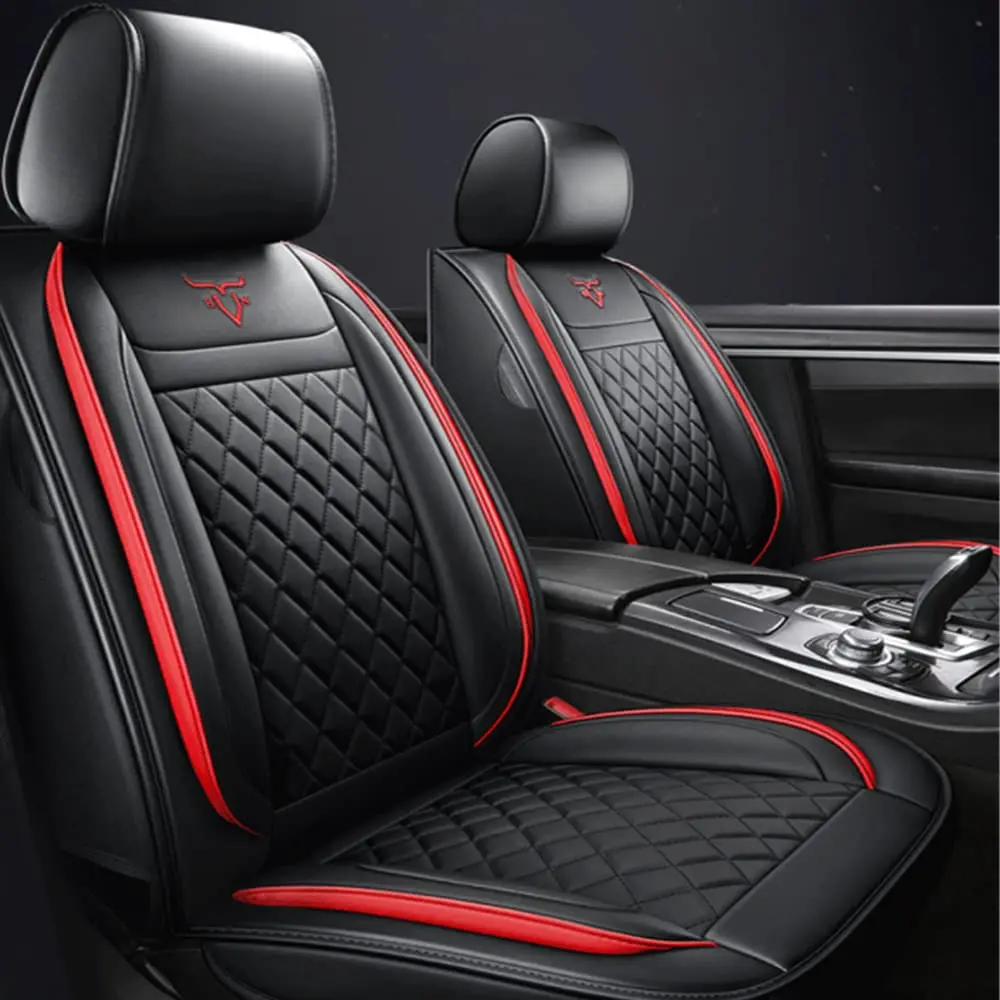 5-Sits Car Seat Covers Full Surrounded PU Leather Seat Cushion Set Pad Black+Red