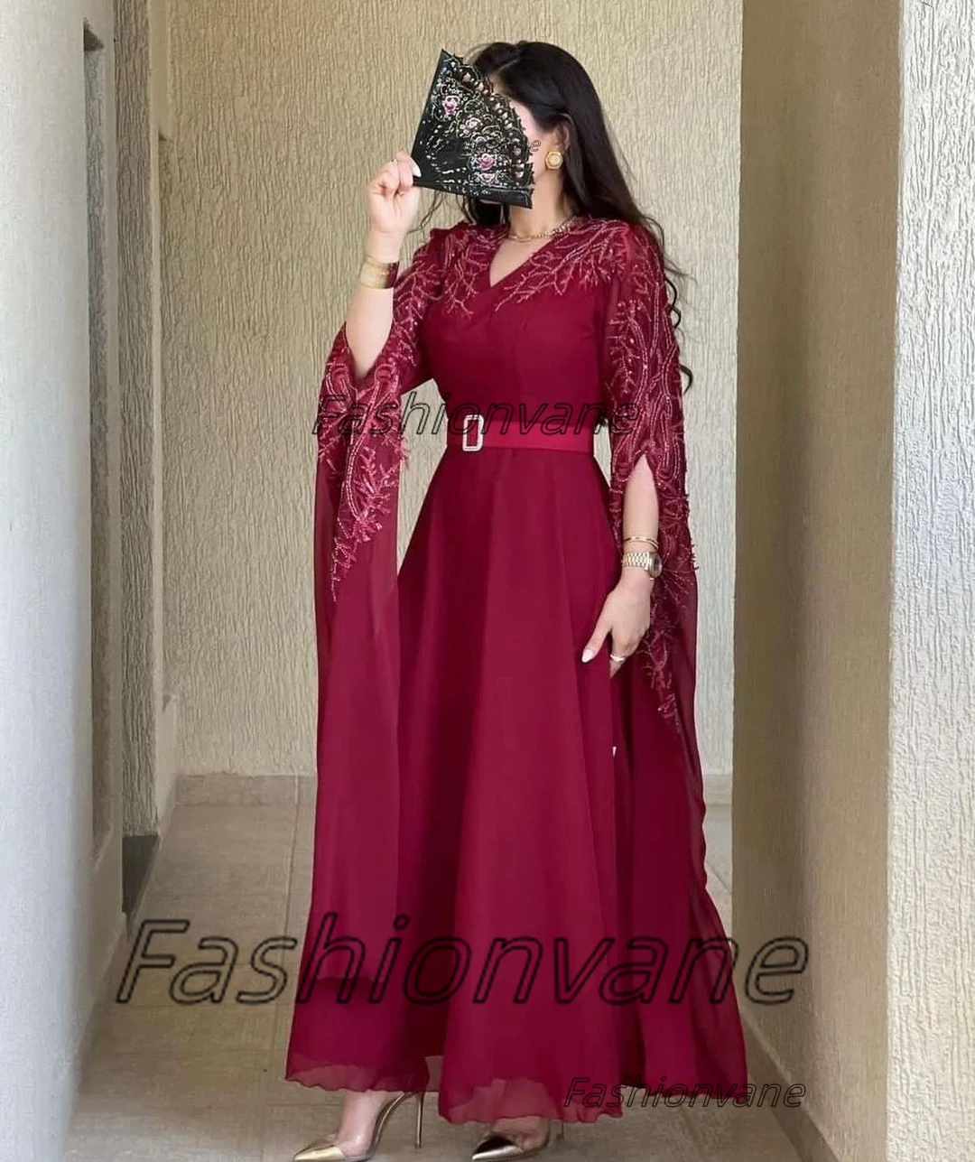 

Fashionvane Vestido De Gala Special Party A Line Prom Dresses with Sash V Neck Lace Applique Long Sleeves Evening Formal Dress