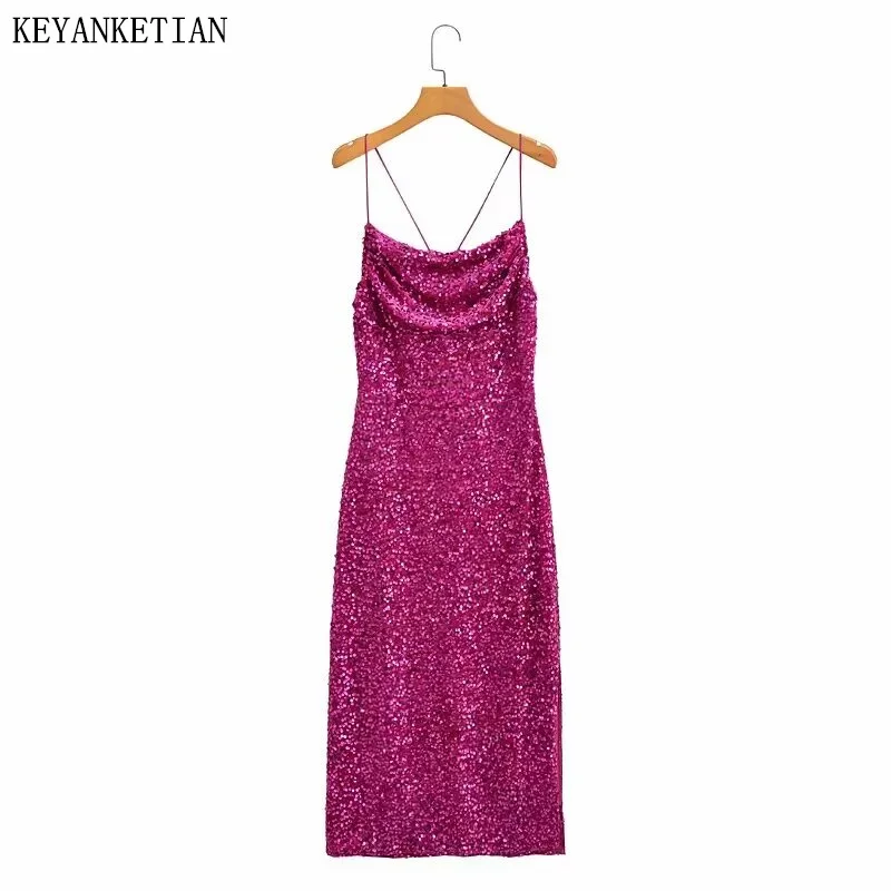 

KEYANKETIAN New Launch Sequined Decoration Cross Lace Up Backless Women's Sling Dres Sexy Ankle-length MIDI Skirt Formal Dress