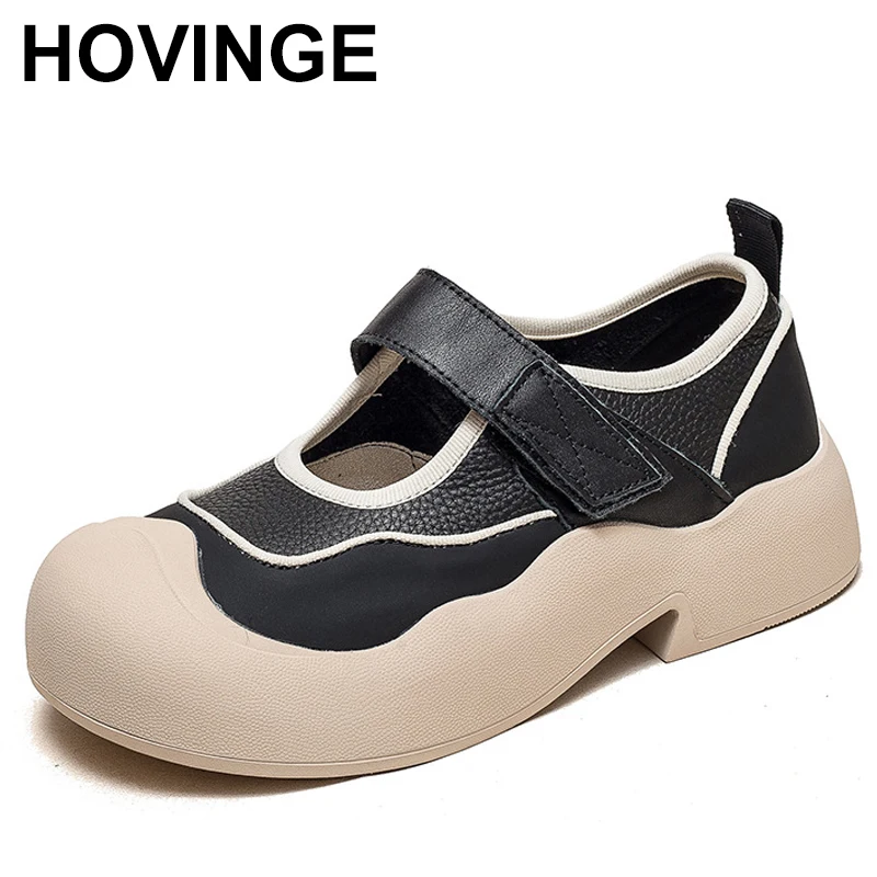 

College Style Women Flat Platform Shoes Shallow Round Toe Genuine Leather Mixed Colors Hook And Loop Soft Casual Shoes