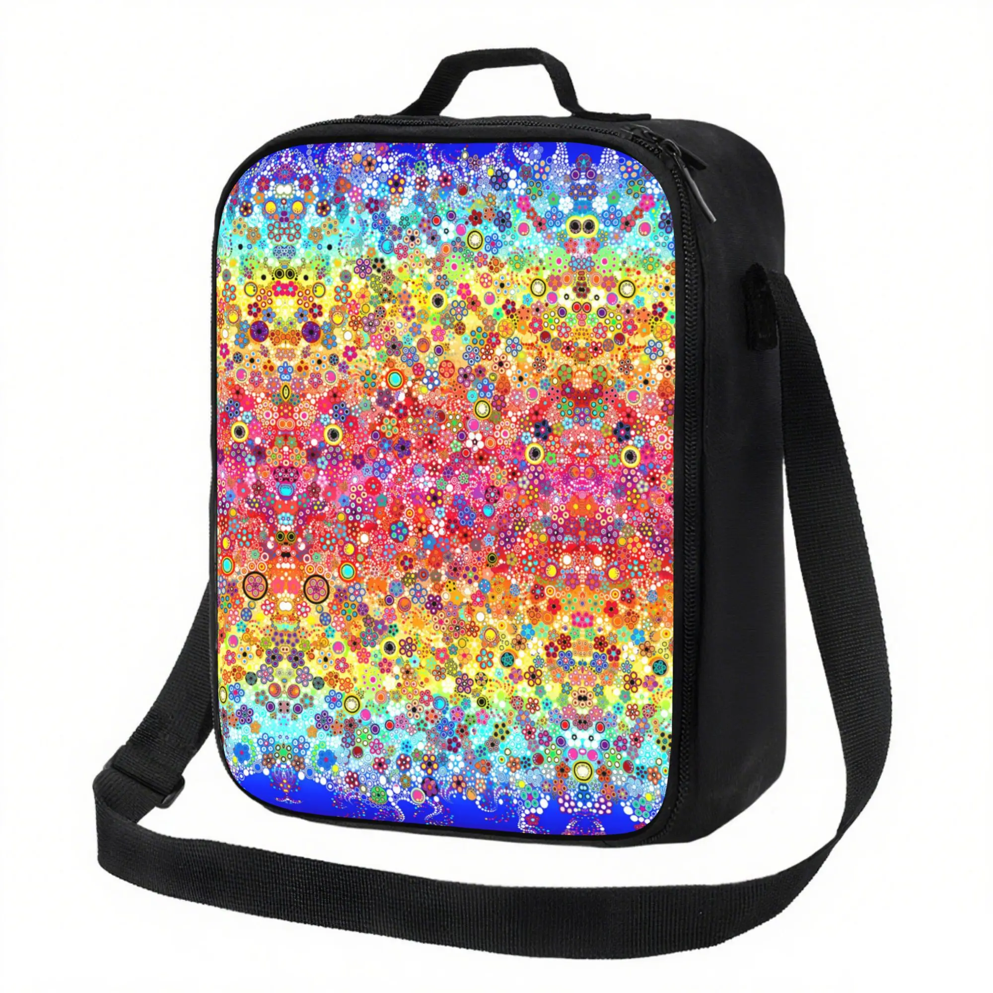 Colorful Flowers Print Portable Lunch Bag 600D Oxford Fabric Insulated for Work Picnic Beach