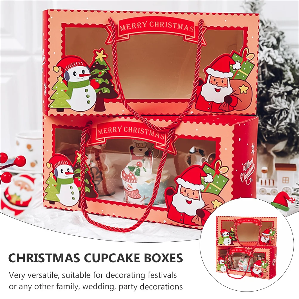 2Pcs Christmas Cupcake Boxes Transparent Window Festive Design Cupcake Holder Bakery Boxes for Parties Christmas Supplies