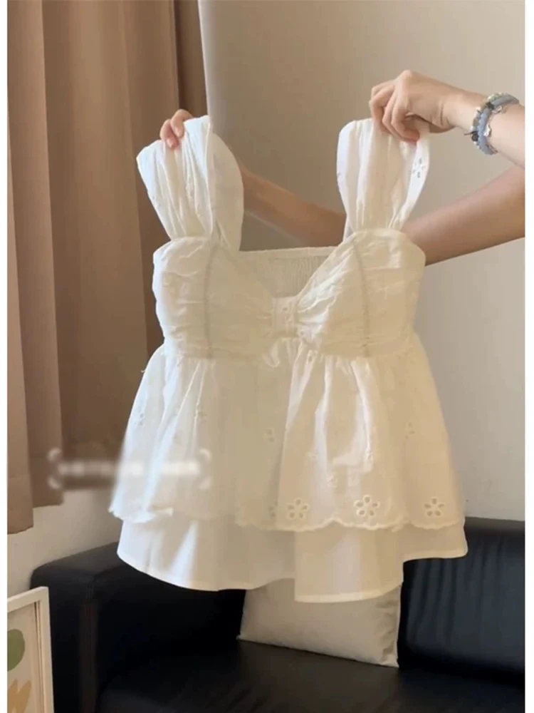 White V-Neck Hollow out Embroidery Strap Vest Women's Light French Style High-End Slim Pure Desire Doll Shirt