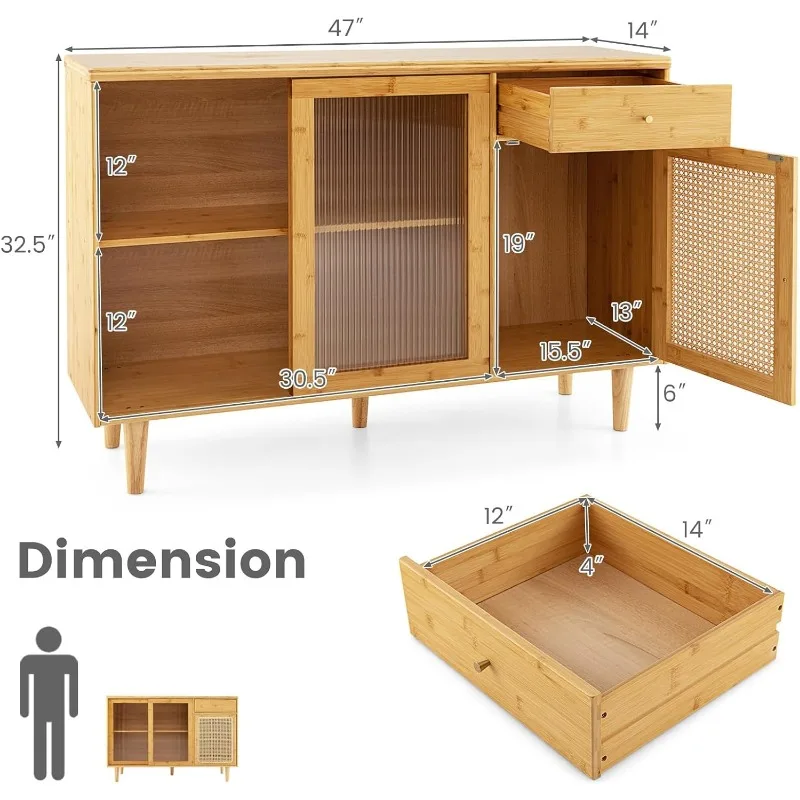 Buffet Cabinet with Storage, Bamboo Sideboard, Drawer