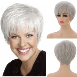 Short Synthetic Hair Silver White Straight Wave Wigs For Women Pixie Cut Natural Wig Old Lady Wig Granny Grey Blanche Daily Use