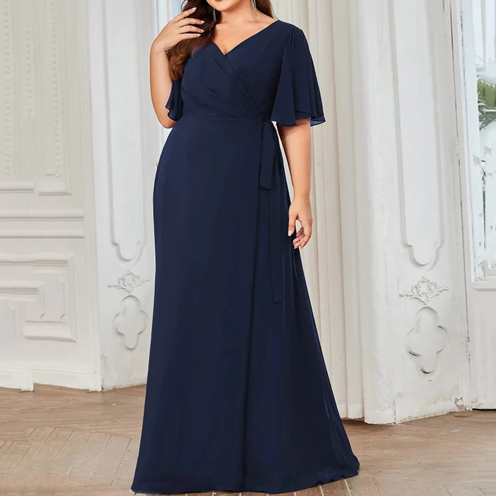 

Chiffon Mother Of The Bride Dresses New A-Line V-Neck Floor-Lengt Wedding Mom Gown Simple Pleat Hlaf Sleeves Bow Plus Size Dress