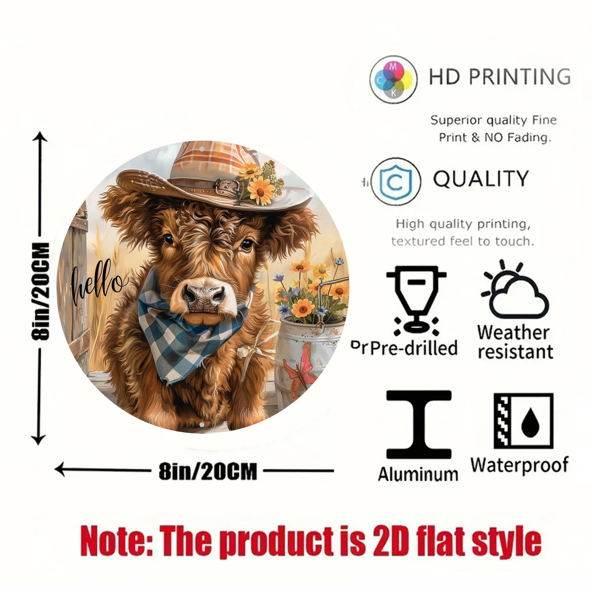 2D Flat, 1pc Vintage Highland Cattle Cow Round Aluminum Wall Art Sign - 8x8 Inch Rustic Farmhouse Decor with Checkered Bandana &