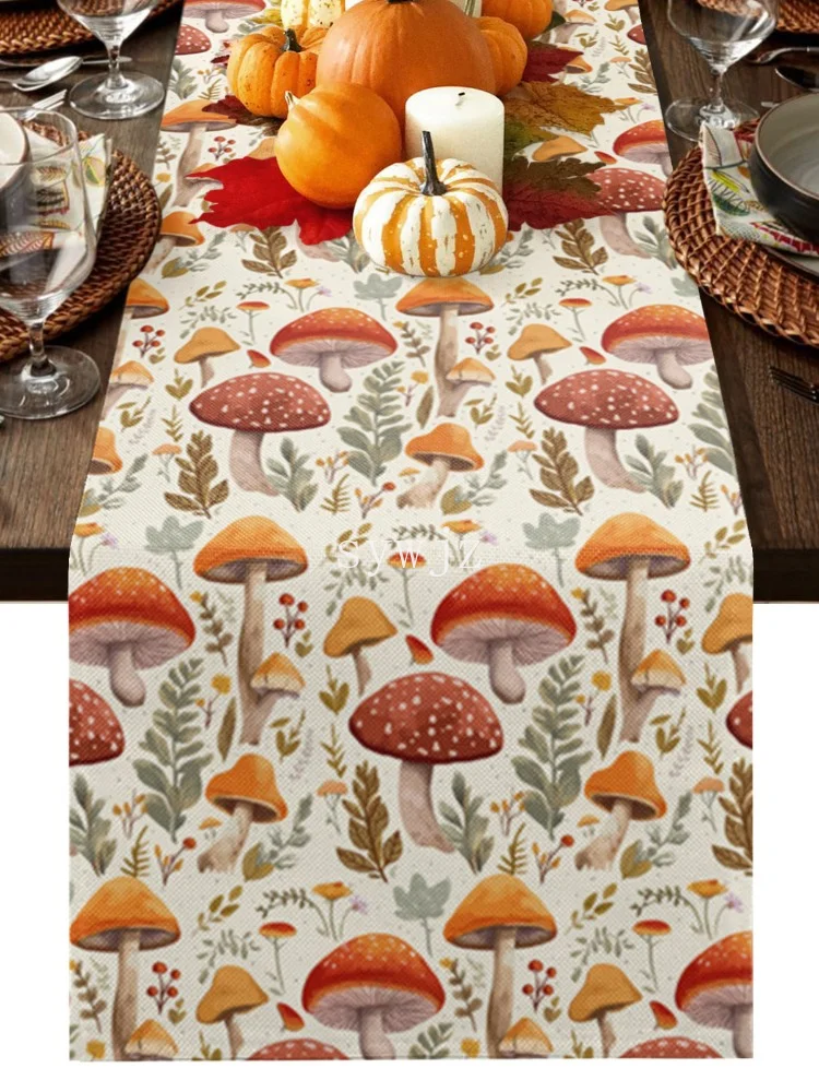 Autumn Mushrooms Plants Leaves Retro Table Runner Cotton Linen Wedding Dinner Decor Table Flag Holiday Home Tea Table Decoration