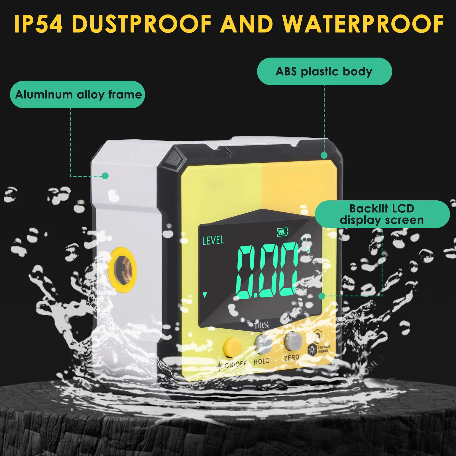 デジタル角度計磁気分度器傾斜計レベル角度ファインダー角度キューブレベルボックスマグネスベースバックライト付きIP54