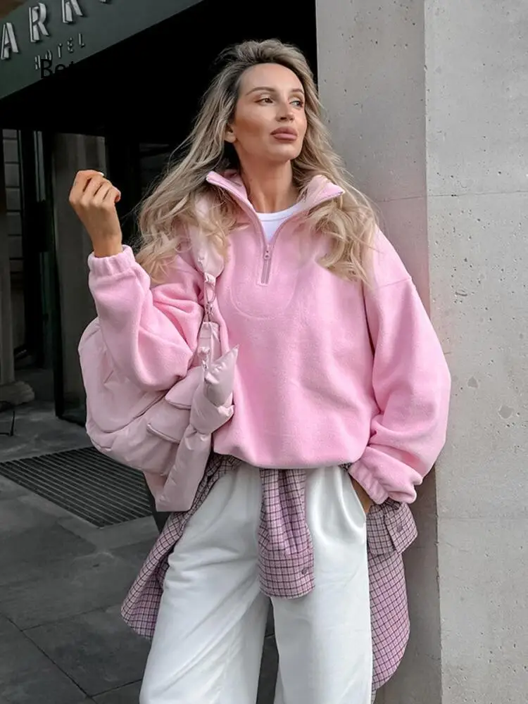 Ladies Stand Collar Half Zip Fleece Pullover Loose Long Sleeve Sweatshirt For Daily Layering And Outdoor Leisure Activity Looks
