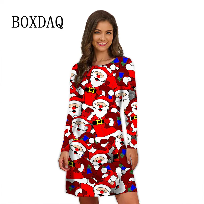 Christmas Party Women Dresses For 2023 Autumn Winter Long Sleeve Santa Claus Print Kawaii Dress Casual Cute Elegant Mini Dress